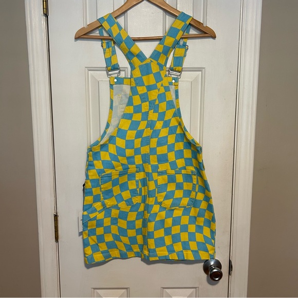 F21 Psychedelic Denim Overalls Romper Mini Dress Carolina Blue & Yellow | Small - Picture 7 of 11